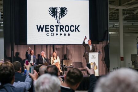 From left: Will Ford, group president of operations; Joe T. Ford, co-founder and chairman; Arkansas Gov. Sarah Huckabee Sanders, Scott Ford, co-founder and CEO of Westrock Coffee.