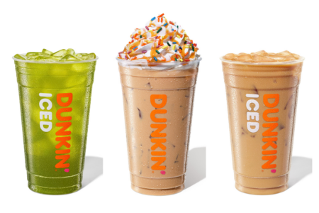 Dunkin' Kiwi Watermelon Refresher, Vanilla Frosted Donut Iced Signature Latte, Blueberry Donut Iced Coffee.